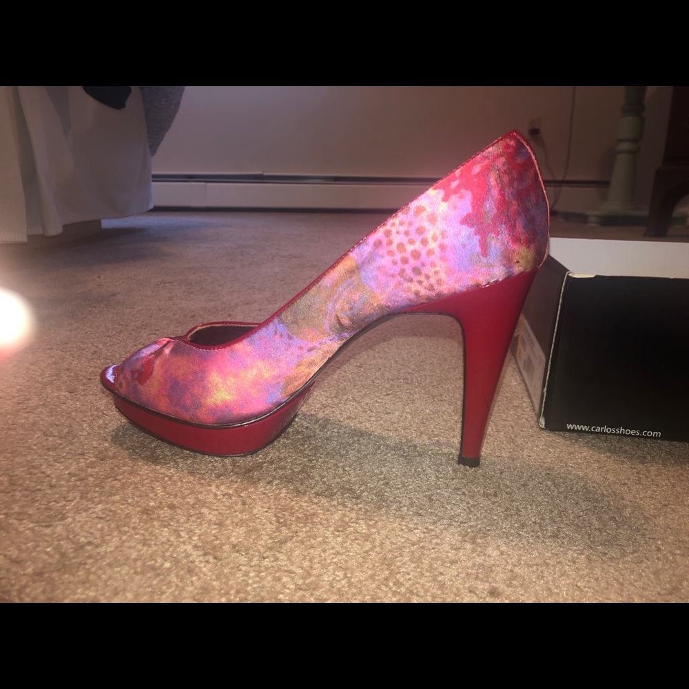 Red satin peep toe heels s 9.5